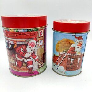 Vintage Nesting Christmas Canister Set of 2 Santa Tree Tins Metal Hong Kong